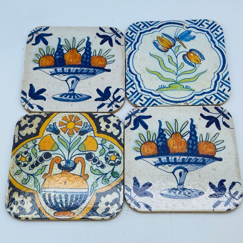 Vintage Mediterranean Majolica Cork Backed Coasters Set of 4 Italian Style